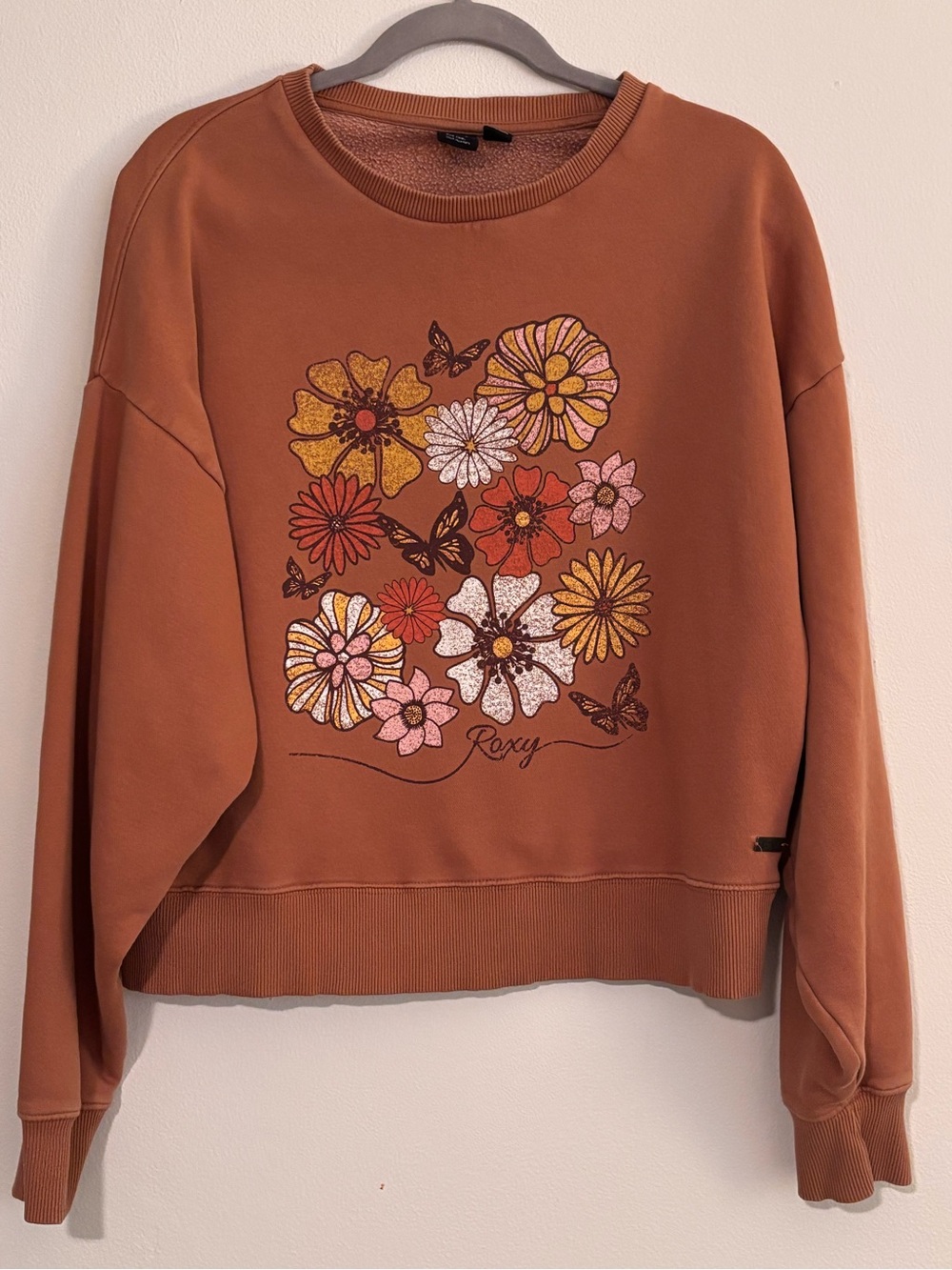 Roxy Rust Crewneck Sweatshirt with Floral & Butterfly Graphic
